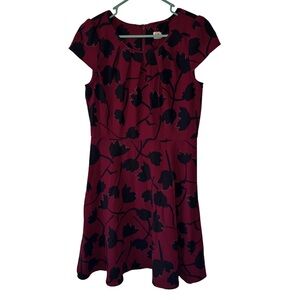 LOFT Black Floral on Burgundy Knee Length Dress